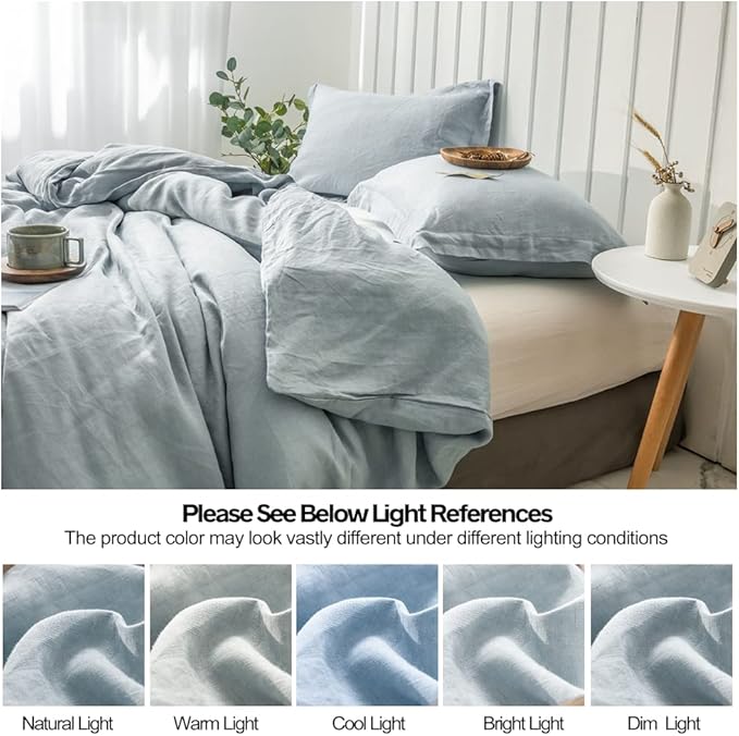 Simple&Opulence 100% Linen Duvet Cover Set 3pcs Basic Style Natural French Washed Flax Solid Color Soft Breathable Farmhouse Bedding with Button Closure - Dusty Blue, King
