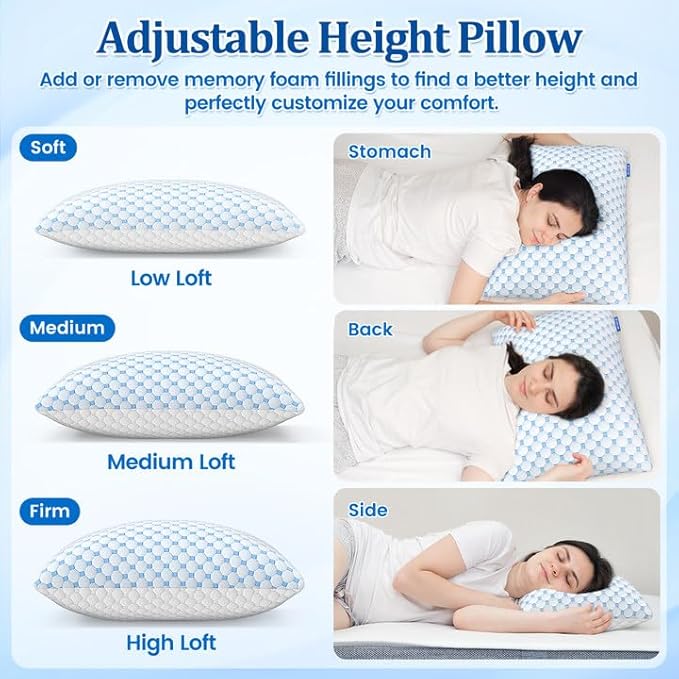 CloudBliss Shredded Memory Foam Pillow for Sleeping - Adjustable Cooling Pillow with Breathable Washable Cover, CertiPUR-US Certified, 1 Pack Queen Size for Side/Back/Stomach Sleepers