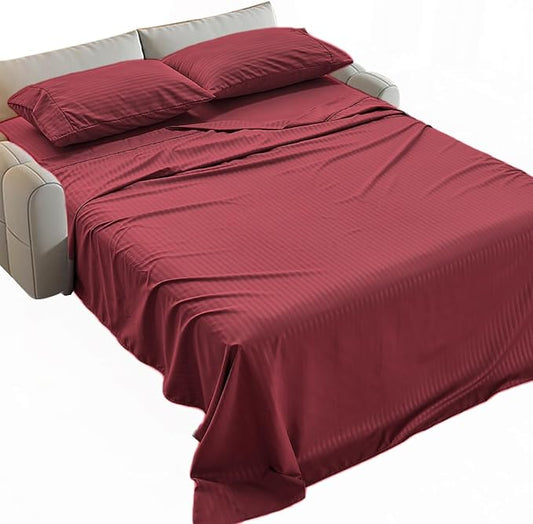 Kingnex Striped Sofa Bed Sheets Queen for Sleeper Sofa Bed Soft Double Brushed 4 Piece Bedding Pillowcase Set (60"x74"x6") Burgundy