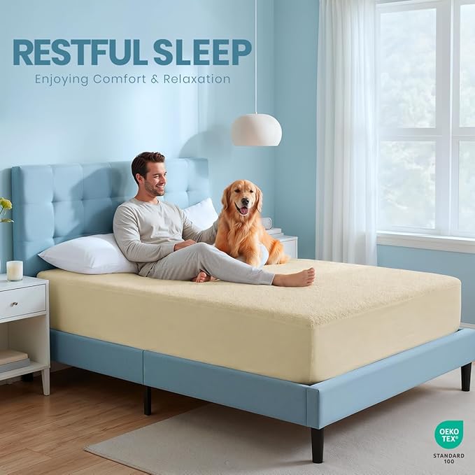 Twin XL Size Mattress Protector Waterproof, Premium 200 GSM Terry Mattress Cover, Soft & Breathable Bed Cover, Fitted Sheet Style Stretchable Deep Pockets 15" by Utopia Bedding (Beige)