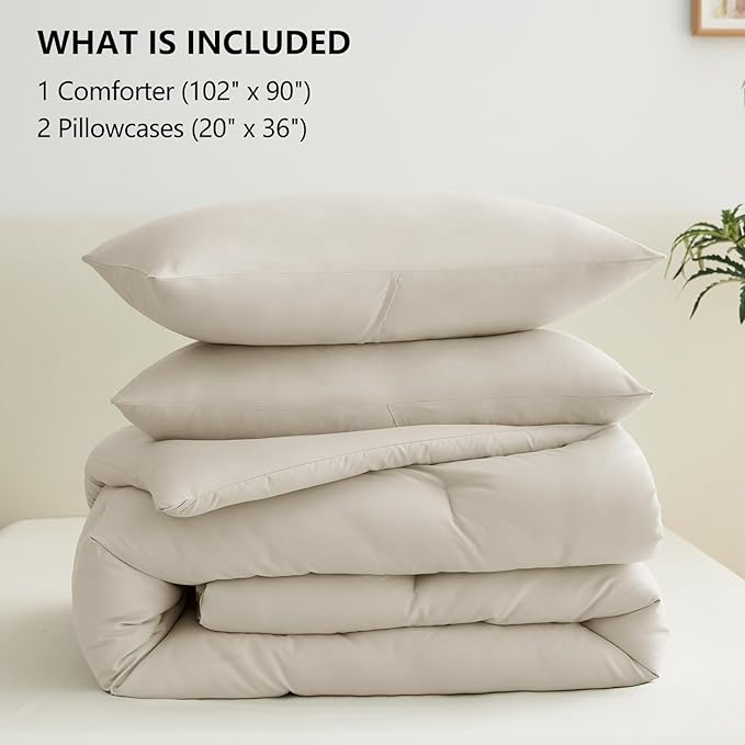 CozyLux King Size Comforter Set Oatmeal, 3 Pieces Solid Comforters King Size Breathable Quilted Bedding Sets, Luxury Soft Lightweight Bed Set with Down Alternative Comforter and 2 Pillowcases