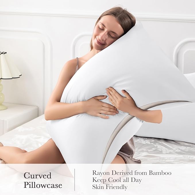 Curved Pillow Case Queen Size, Side Sleeper Pillow Cases Cover Cooling Rayon Derived from Bamboo with Zipper for hot Sleepers Hair and Skin, Breathable Silky Soft Pillowcase 1 Pack 20 * 30 Inches