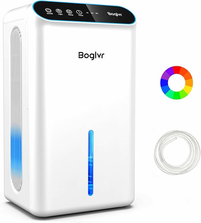Dehumidifier for Home up to 1000 sq.ft, 98oz Small Quiet Dehumidifier with Drain Hose, 3 Timer Modes, Auto Shut Off, Aromatherapy & 7 Color Light for Bedroom, Bathroom, Basement (Sliver White)