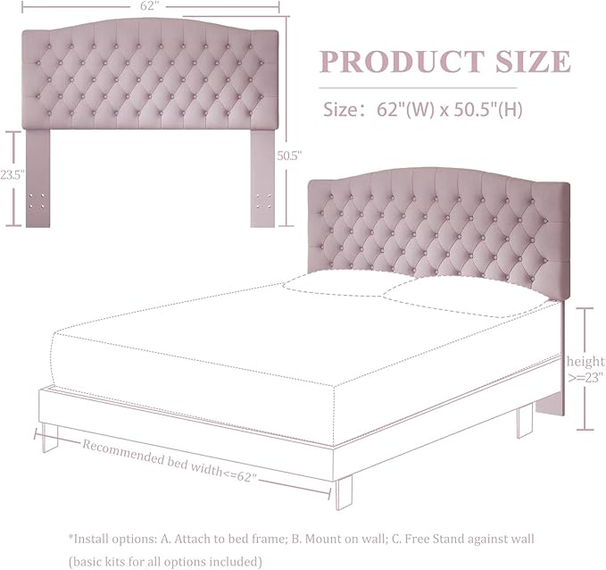 Furpopup Velvet Upholstered Headboard Queen/Full Size Latest Model Wall Mount, Bed Frame Mount, Featuring High-Density Sponge Padding, Luxury Texture Easy Assembly Comfort and Style-Pink