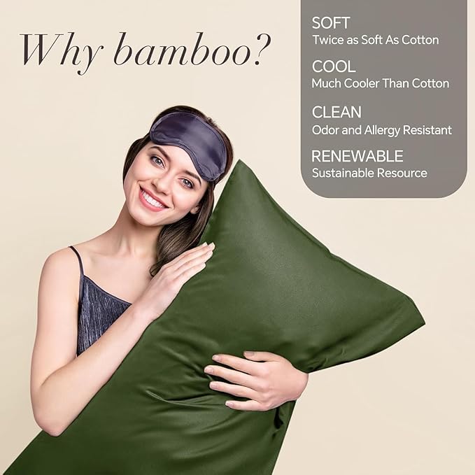 BEDELITE King Size Pillow Cases Set of 2, Rayon Derived from Bamboo, Cooling Pillow Cases for Hot Sleepers & Night Sweats, Breathable and Silky Soft Envelope Pillowcases(Olive Green, 20"x36")
