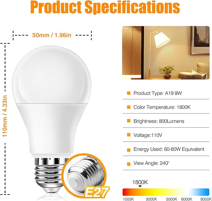 Neporal Amber Light Bulbs 9W, Soft Warm Sleep Light Bulbs 60W Equivalent, Blue Light Blocking Amber Night Light Bulbs 1800K, Bedtime Light Bulb for Healthy Sleep, 6 Pack