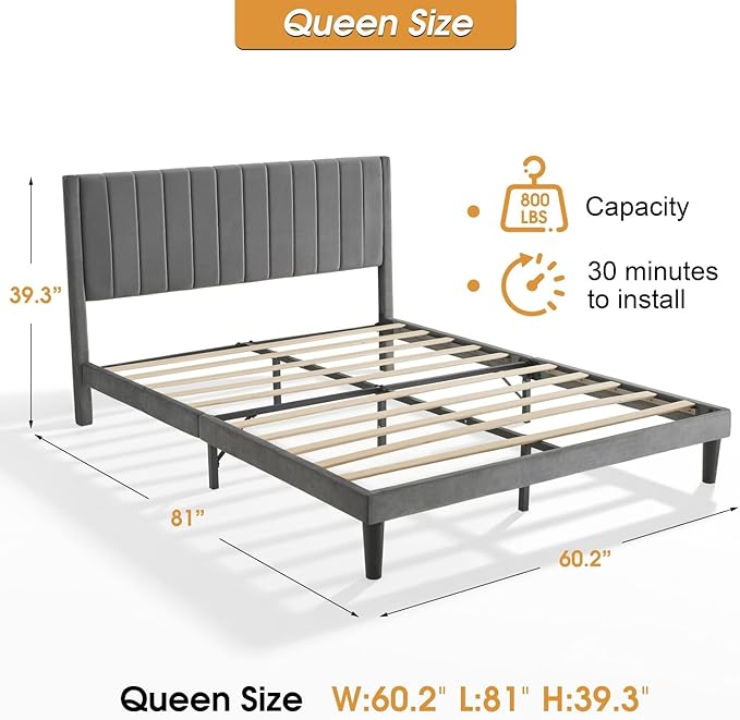 Queen Bed Frame Upholstered Platform,Queen Size Bed Frame with Velvet Headboard,Non-Slip and Noise-Free/Wooden Slats Support/No Box Spring Needed/Easy Assembly/Mattress Foundation (Grey, Queen)