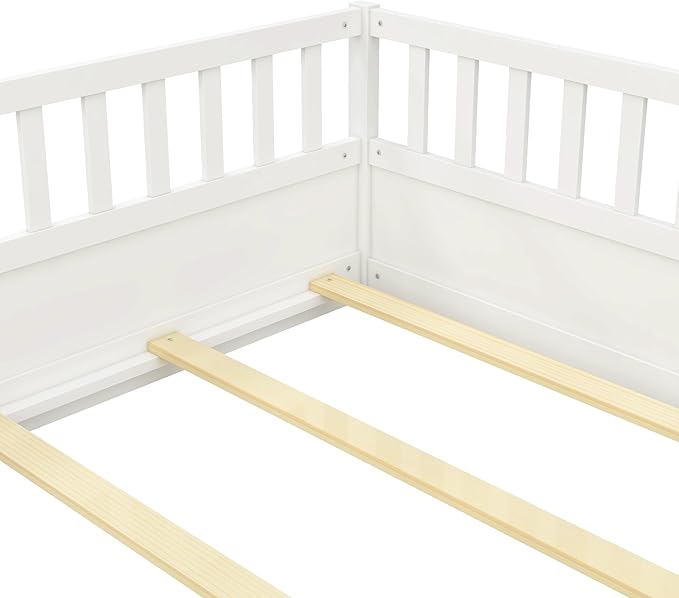 Full Floor Bed with Slats and High Fence, Full Size Montessori Floor Beds with Door, No Box Spring Needed, Easy Assemble Montessori Bed Frame(White Full)