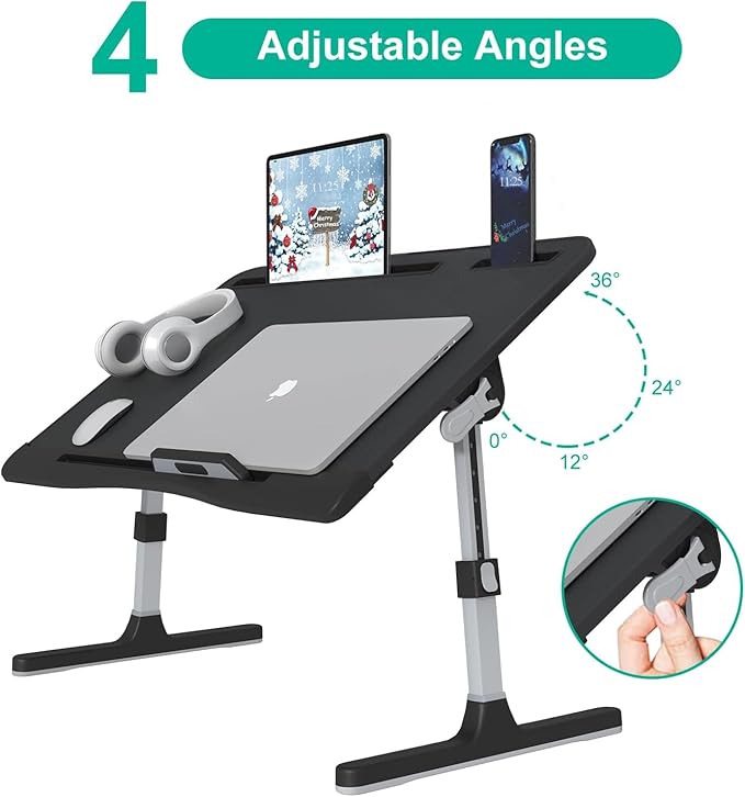 KLEAR Foldable Laptop Bed Tray Desk, Adjustable Laptop Bed Table with Heights and Angles, Upgraded-Sturdy Laptop Lap Desk for Bed/Sofa/Couch/Floor, Lap Tablet Desk (NO Drawer,Black)