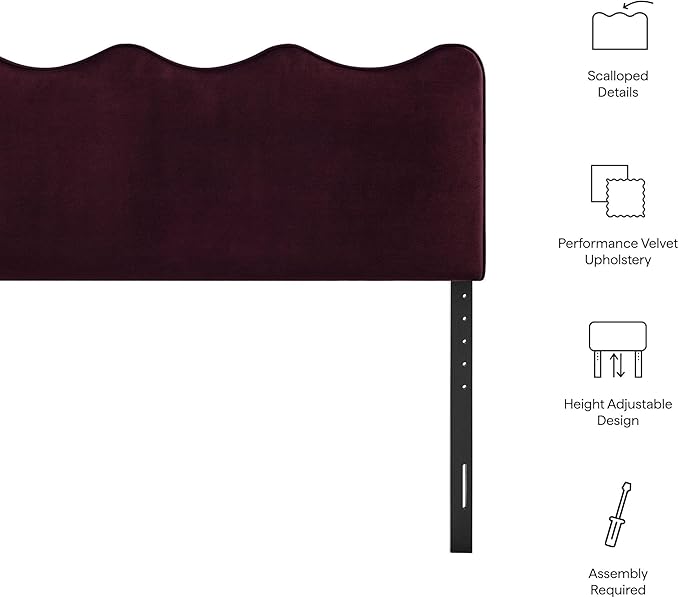 Monday Athena King Size Performance Velvet Adjustable Headboard in Mulberry - with Scalloped Wave Design and Stain-Resistant Velvet Upholstery