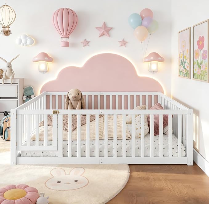 Bellemave Full Size Montessori Floor Bed with 23.5" High Rails, Pine,Plywood Full Floor Bed with Small Door, White