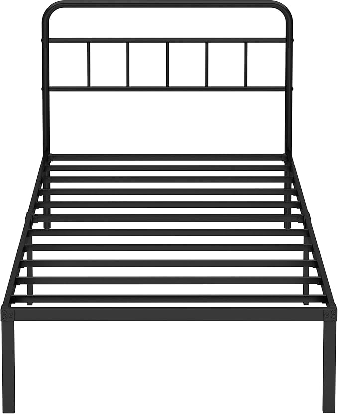 Twin Bed Frame with Classic Headboard,Strong Metal Slats Support,Under Bed Storage Space,No Box Spring Needed,Easy to Assemble,Black