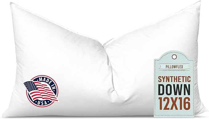 Pillowflex Synthetic Down Pillow Insert - 12x16 Down Alternative Pillow, Ultra Soft, Small Rectangle Lumbar, Travel, Neck, Sleeping Pillow - 1 Decorative Pillow Form
