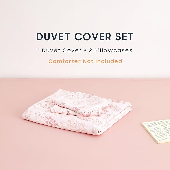 Wake In Cloud - Floral Duvet Cover Set, Botanical Vintage Flower Coquette Cottagecore Aesthetic for Women Teen Girls, Soft Lightweight Bedding, 3-Piece, Blush Pink, Twin/Twin XL Size