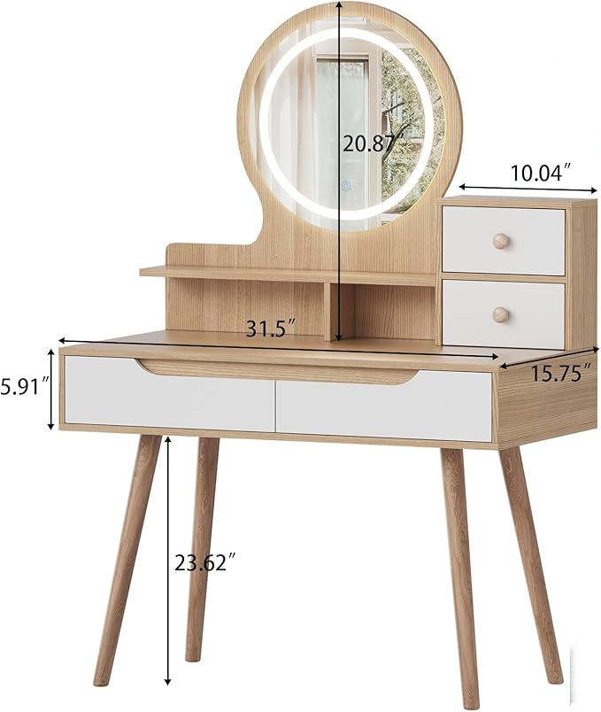 Casaphoria Makeup Vanity Desk with LED Mirror & Storage, 31.5 Inch Dressing Table with 4 Drawers, 3 Open Shelves, Solid Wood Legs for Bedroom, Small Space Vanity Table