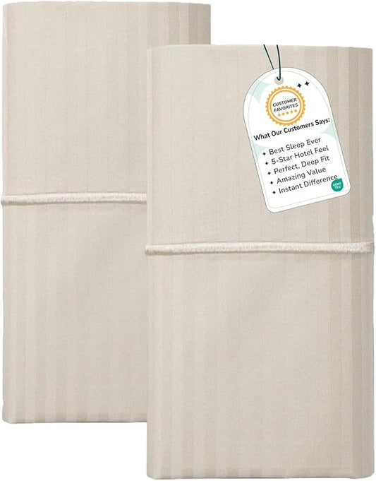 Feather & Stitch 100% Cotton Standard Pillow Covers Set of 2, 500TC Envelope Closure Pillowcases, Soft Luxury Damask Stripe Sateen Weave Pillow Case for Sleeping, 20x30 Inches - Beige