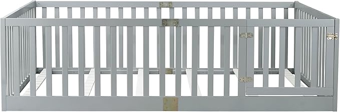 Bellemave Full Size Montessori Floor Bed with 21.5" High Rails, Rubber Wood Full Floor Bed with Slats and Door, Gray