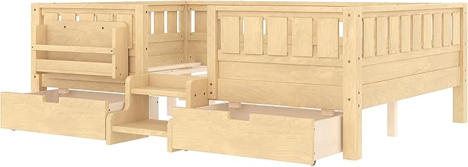 Bellemave Full Size Kids Montessori Bed with Stairs and Bookshelf,Solid Wood Full Size Kids Bed Frame with Drawers and Storage for Girls Boys,Low-Profile,Light Natural