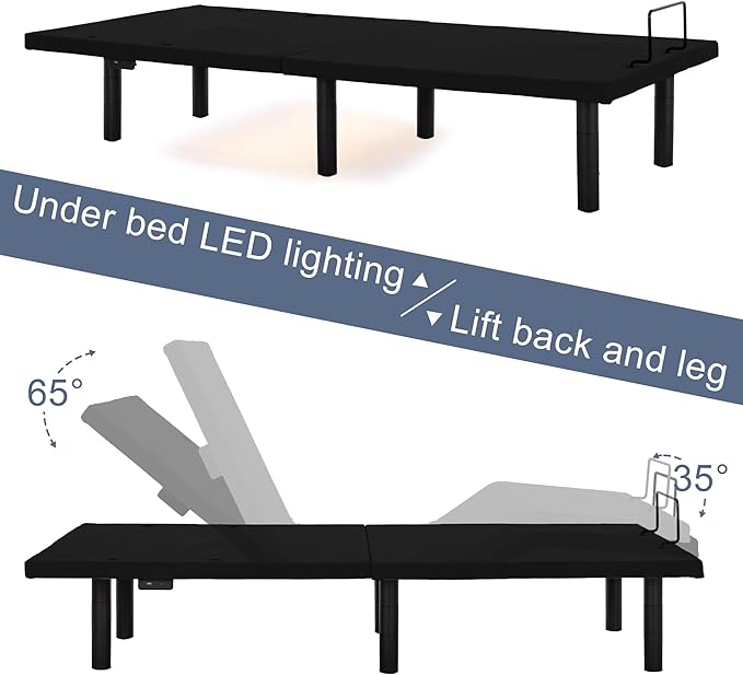 Fromann Adjustable Electric Twin XL Bed Base Frame with Massage, USB Type-C Ports, Zero Gravity, Under Bed Led Lighting and Three Leg Height (Black)