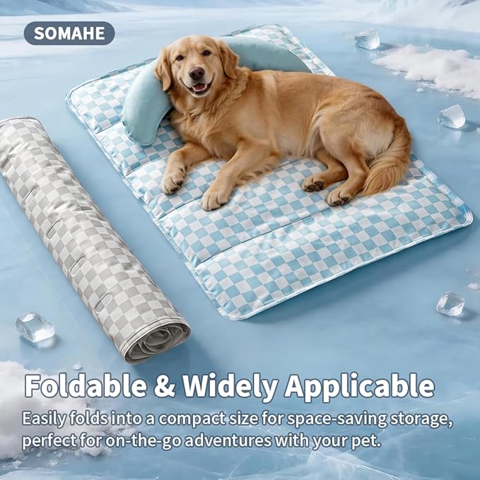 SOMAHE Pet Cooling Mats Pad for Dogs, Portable Summer Self-Cooling Mat with Removable Crescent Pillow for Large Dogs, Non-Toxic (Q-Max>0.5), All-Day Cooling, 35 x 24 Inches Blue