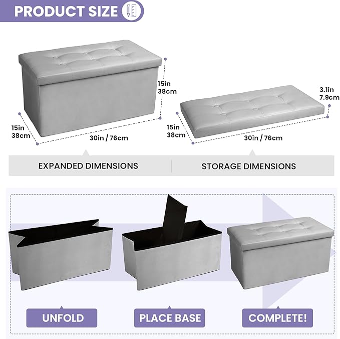 COSYLAND Ottoman Bench with Storage 30x15x15 inches Grey Ottoman for Room Folding Leather Ottoman Footrest Footstool Rectangle Collapsible Furniture with Lid for Bedroom Living Room
