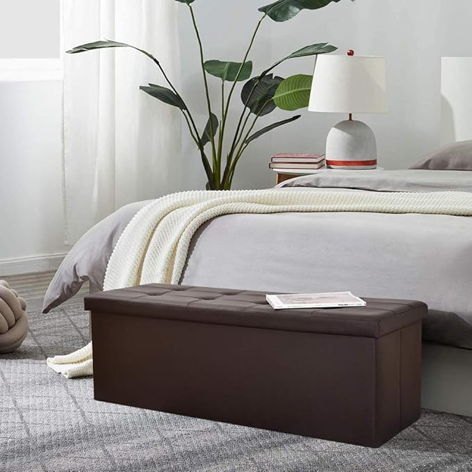 Camabel 43 inch Folding Ottoman Storage Bench Cube Hold up 700lbs Faux Leather 125L Storage Chest with Memory Foam Seat Footrest Padded Upholstered Stool for Bedroom Box Bed Coffee Table Brown