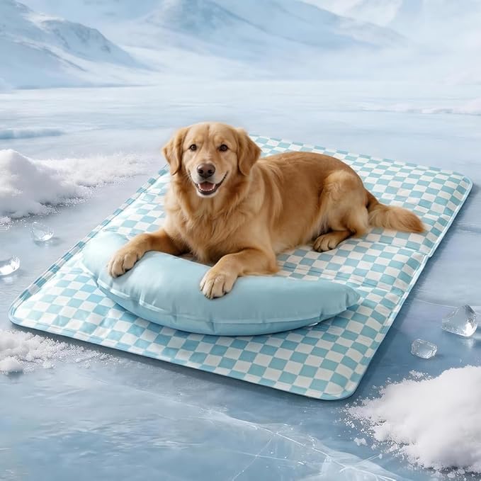 SOMAHE Pet Cooling Mats Pad for Dogs, Portable Summer Self-Cooling Mat with Removable Crescent Pillow for Large Dogs, Non-Toxic (Q-Max>0.5), All-Day Cooling, 35 x 24 Inches Blue