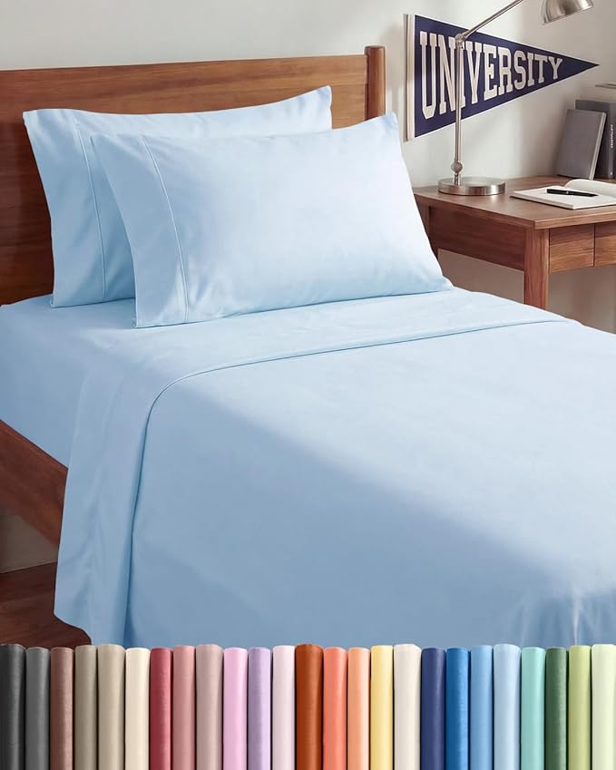 Twin XL 4 Piece Sheet Set - Comfy Breathable & Cooling - Hotel Luxury Bedding for Women, Men, Kids, Teens & Children - 1 Flat & 1 Fitted Sheet & 2 Pillowcases w/ Deep Pockets, Wrinkle Free - Baby Blue