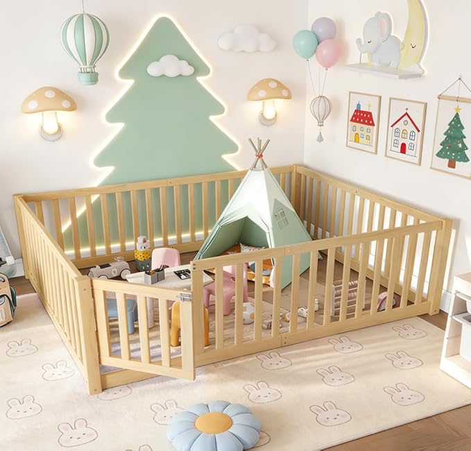 Bellemave Full Montessori Floor Bed with 23.5" High Rails, Pine,Plywood Full Floor Bed with Small Door, Natural