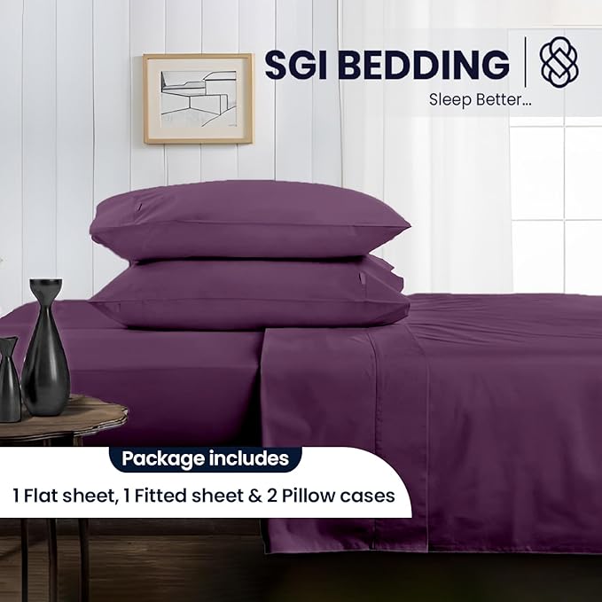 SGI bedding RV Short Queen Sheet Set 60x75, 600 TC Egyptian Cotton, 4 Piece Luxury Hotel Collection, Ultra Soft & Breathable, Fits RV Mattress Camper & Trailer, 15 Inch Pocket, Plum