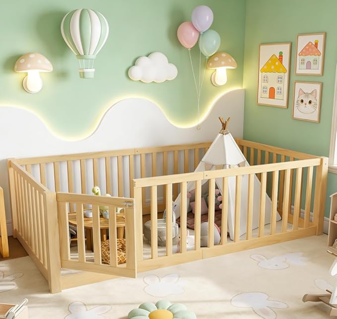 Bellemave Twin Size Montessori Floor Bed with 23.5" High Rails, Pine,Plywood Twin Floor Bed with Small Door, Natural