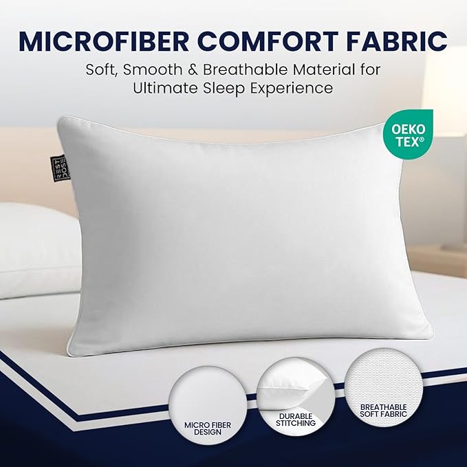 Bed Pillows for Sleeping, Set of 2 – Cooling, Hotel Quality with Soft Down Alternative Fill for Back, Stomach & Side Sleepers | White Microfiber Standard