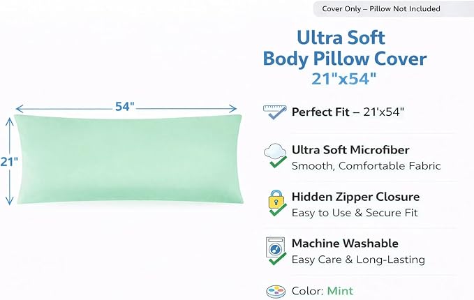 EVOLIVE Body Pillow Cover 21"x54", Ultra Soft Microfiber Pillowcase with Hidden Zipper, Breathable, Machine Washable, for Pregnancy & Side Sleepers, Cover Only (21"x54" Body Pillow Cover, Mint)