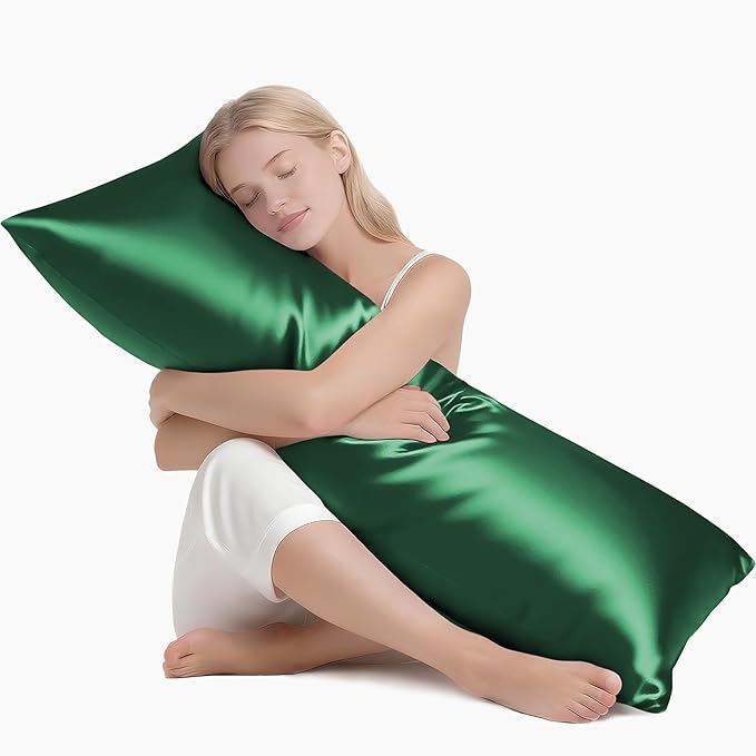 MR&HM Satin Body Pillow Cover, Soft and Breathable Body Pillow Case with Envelope Closure, Cooling and Silky Long Pillowcase for Hair and Skin (20x54, Dark Green)