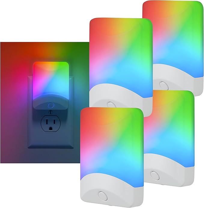 GE Color Changing LED Night Light for Kids, Dusk to Dawn Sensor, Home Decor Apartment Essentials, Wall Lights for Bedroom, Ambient Lighting, Nightlights Plug in, 50860, 4-Pack
