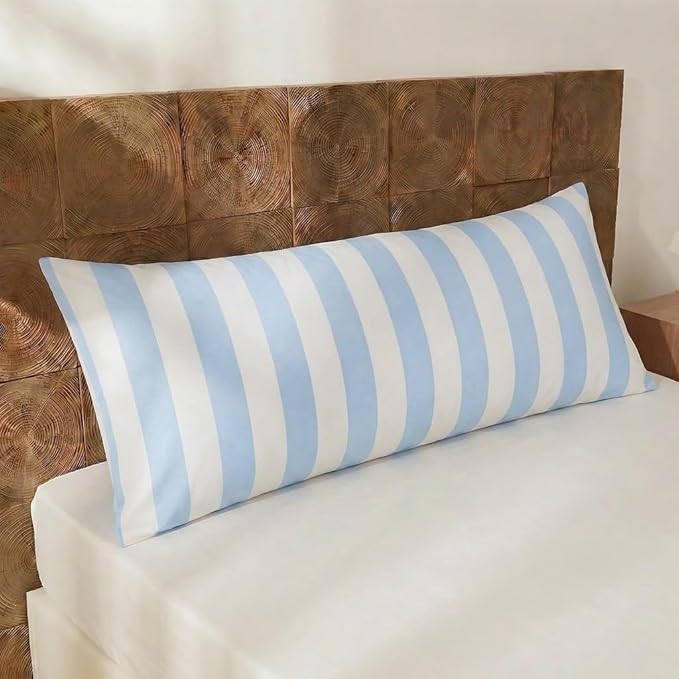 Merryword Body Pillow Cover 20x54inches, 100% Cotton Pillow Case, Blue and White Striped Pillowcase, Luxury Linen Like Pillowcase, Soft Breathable Wide Stripes Long Pillowcase, 1-Piece