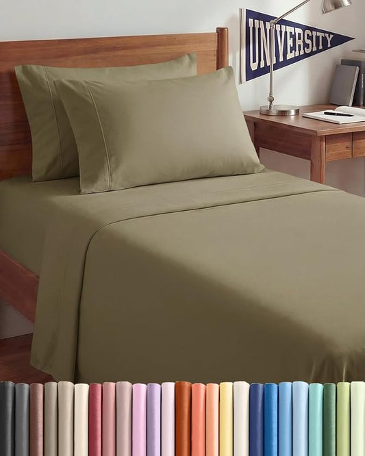 Twin XL 4 Piece Sheet Set - Comfy, Breathable & Cooling - Hotel Luxury Bedding for Women, Men, Kids, Teens and Children - 1 Flat & 1 Fitted Sheet & 2 Pillowcases w/ Deep Pockets - Wrinkle Free - Khaki