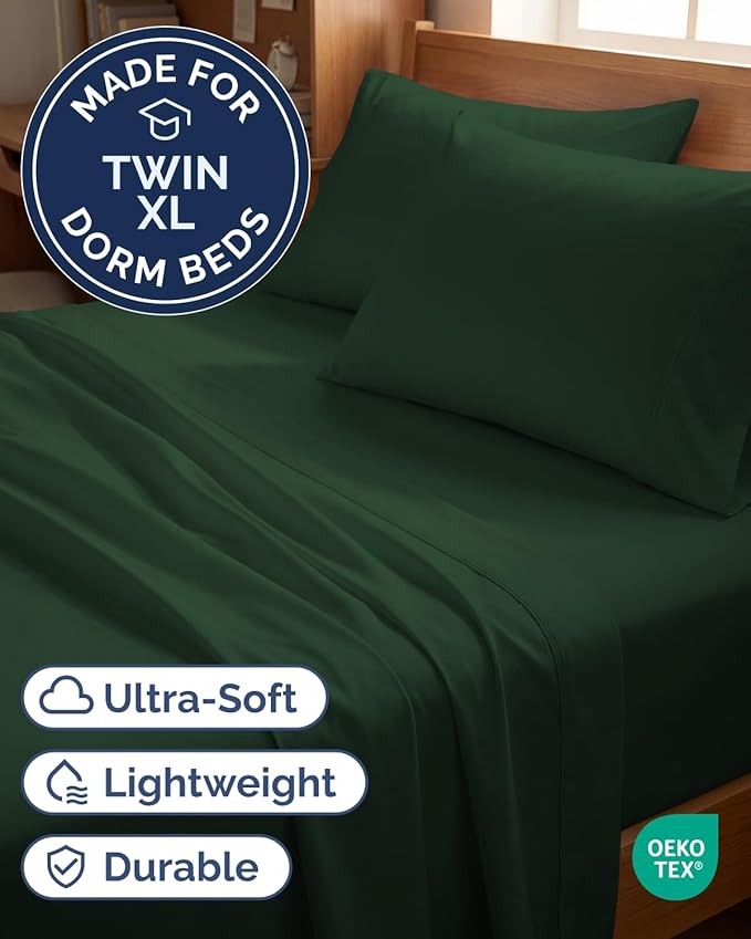 Twin XL 4 Piece Sheet Set - Comfy, Breathable & Cooling - Hotel Luxury Bedding for Women, Men, Kids, Teens & Children - 1 Flat & 1 Fitted Sheet & 2 Pillowcases w/ Deep Pockets - Wrinkle Free - Emerald