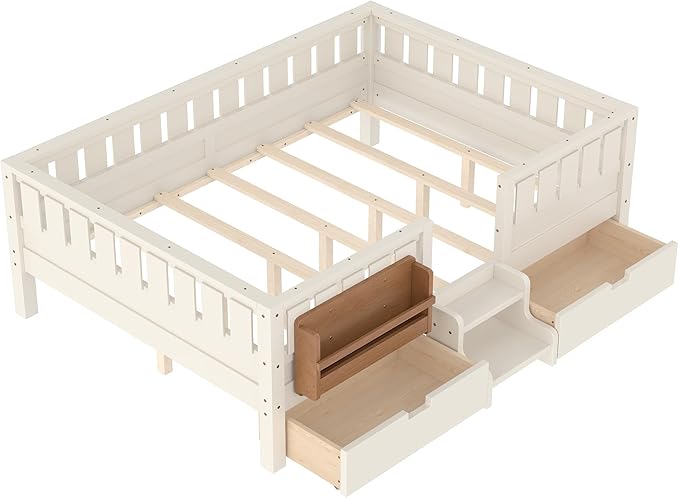 Bellemave Full Size Bed Frame with Storage Drawers & Bookshelf, Low Profile Kids Bed with Staircase & Full Length Guardrails, Solid Wood Full Size Bed Frame Kids with Slats Load 450 LBS, Beige