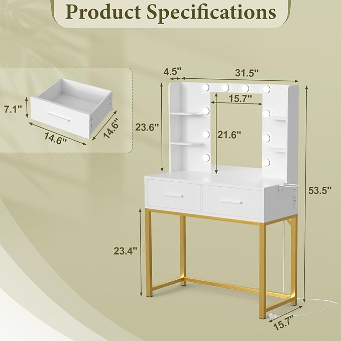YESHOMY Vanity Desk with Mirror, Makeup Table with 2 Large Drawers, Power Outlet and Round Holder, 3 Color Modes Adjustable Bulb, Milk White & Gold Frame