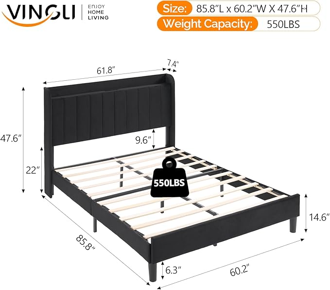VINGLI Upholstered Platform Bed Queen Panel Bed Frame with Headboard, Wingback Storage Bed Queen with Charging Station, Velvet Black