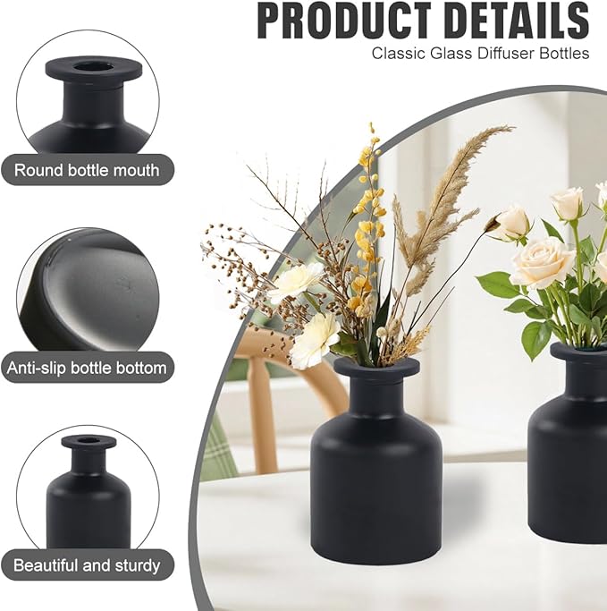 5 Ounce Empty Glass Diffuser Bottles, Cylindrical Glass Essential Oils Diffuser Bottles, Aromatherapy Jar, Matt Black