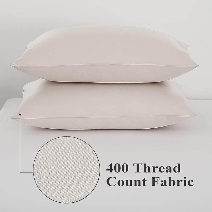 100% Egyptian Cotton Pillow Protectors Set of 2, 400 Thread Count Sateen Weave Cooling Pillowcase, Easy Care Zippered Style Pillow Covers (Light Beige, Standard)