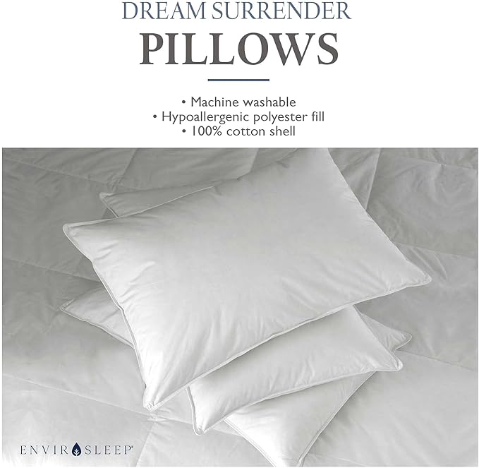 Envirosleep Dream Surrender Medium Support Pillows - Hypoallergenic Polyester Filled Cotton Shell Pillow Set, Queen Size 2 Pillow Set for Hotel or Home Use, by Manchester Mills
