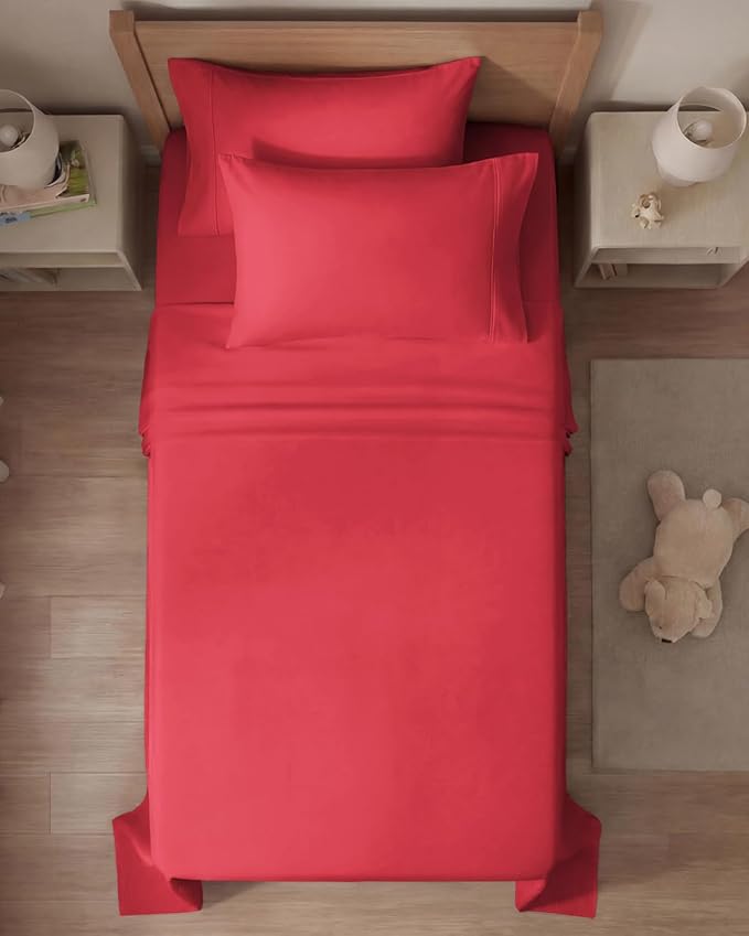 Twin 4 Piece Sheet Set - Comfy, Breathable & Cooling - Soft Hotel Luxury Bedding for Women, Men, Kids, Teens & Children - 1 Flat & 1 Fitted Sheet & 2 Pillowcases w/ Deep Pockets - Wrinkle Free - Red