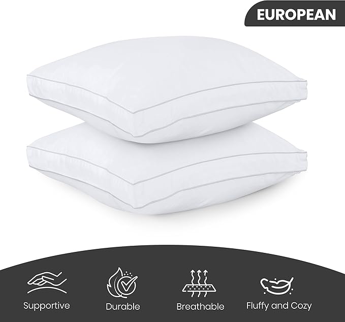 Utopia Bedding Bed Pillows for Sleeping Euro Pillows (White), Set of 2, Soft & Fluffy Pillow with Down Alternative Filling, Cooling, Hotel Quality, Gusseted Pillow for Back, Stomach or Side Sleepers