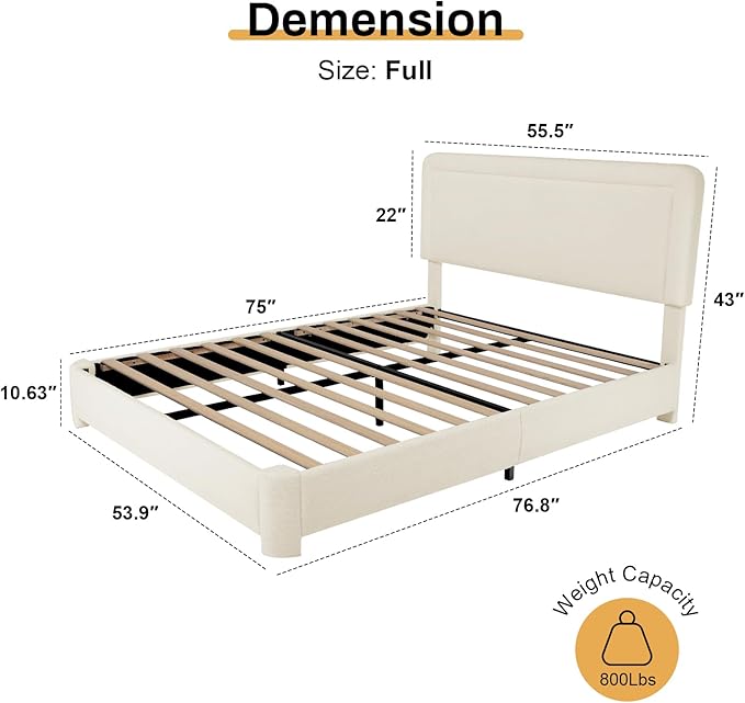 Full Size Bed Frame, Boucle Bed Frame with Adjustable Headboard, Modern Upholstered Platform Bed with Wood Slats, Soft Rounded Corners, No Box Spring Required, Noise-free, Easy Assembly, Light Beige