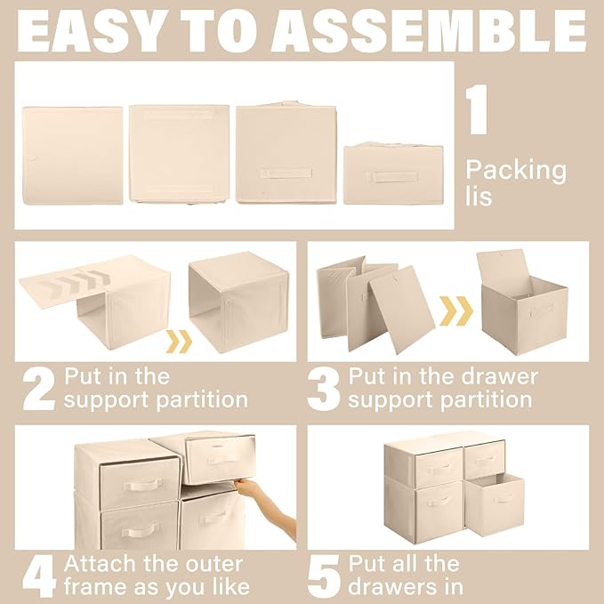 Weysat 4 Cube Stackable Under Dorm Bed Storage Container Foldable Closet Drawer Organizer Fabric Storage Cube Bins for Dorm Essentials College Closet Bedroom Living Room Nursery(Beige,18.5 Inch)