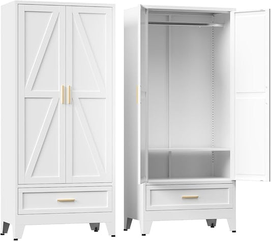 COFaR Metal Wardrobe Closet with Doors, 71'' Tall Farmhouse Bedroom Armoires with Drawer and Hanging Rod, Freestanding Steel Wardrobe Cabinet Coat Closet for Bedroom Home Office, White