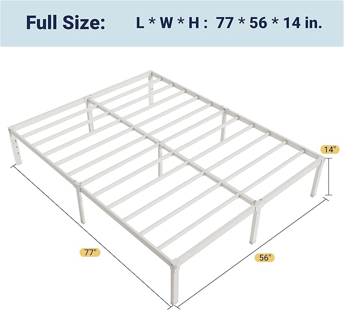 Allewie Full Size Bed Frame, 14 inch Metal Platform Beds with Storage Space, No Box Spring Needed and Easy Assembly, White